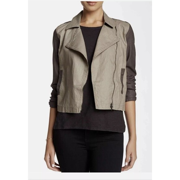 Eileen Fisher Coated Organic Linen Jacket Asymmetrical Zip Petite M Stone Moto - Picture 16 of 16